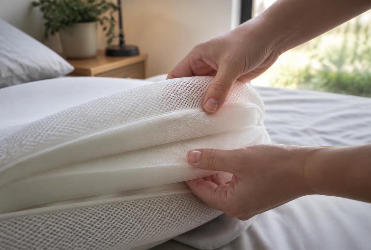 Manos separando las capas internas de espuma viscoelástica de la almohada ajustable